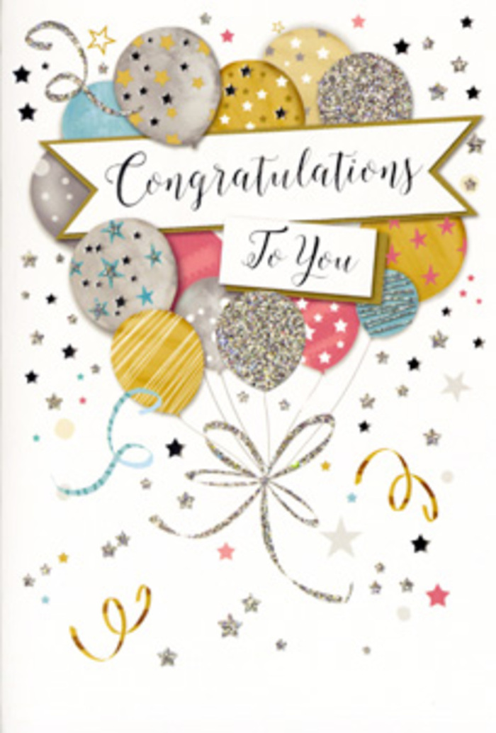 The image features a sophisticated congratulations card styled like a miniature celebration, ideal for pairing with a hand-delivered bouquet in Chislehurst. At its heart, a generous cluster of balloons rises in a loose, organic shape, reminiscent of how real helium balloons gather when they're released in a village hall near the High Street. The balloons come in a palette of warm gold, cool silver, champagne cream, soft sky blue, gentle pink, and subtle grey, each sphere adorned with different decorative details: fine stripes, tiny stars, specks of glitter, and metallic patterning that gives the impression of texture. Delicate gold and silver strings descend from the balloons, drawn with elegant curves that gather towards the lower centre, visually tying the whole scene together. Across the middle, a beautifully curved banner stretches from side to side, bearing a message of congratulations in flowing script that suggests care and thoughtfulness rather than something quickly chosen. The background is light and understated, almost like soft parchment, sprinkled with scattered stars, dots of confetti, and looping ribbons that curl as if they're drifting in mid-air during a surprise party in one of the leafy roads off Camden Park. The overall mood is refined yet exuberant-sparkling but never garish-making this card suitable for marking key milestones: a promotion at a City job, exam success, a new home near Chislehurst Commons, or retirement celebrations. You can almost imagine running your fingers over the slightly raised glitter and glossy ink, feeling the contrast of smooth card and textured accents, a tactile reminder of pride and joy shared by someone who truly cares.