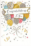 This congratulations card is designed like a joyful still-life, a paper celebration that would look perfectly at home beside a vase of fresh flowers in a Chislehurst living room. A bouquet of balloons dominates the centre, arranged in a graceful arc that feels both playful and carefully composed. Each balloon is a rich, rounded shape in tones of luminous gold, cool silver, champagne, clear sky blue, rosy pink, and pale grey, decorated with dainty stars, fine stripes, and scattered glitter that suggests shimmer whenever the card catches the light. Slender metallic strings in gold and silver curl downwards from the balloons, looping and crossing in a way that echoes the elegant tails of florist ribbon, subtly gathering the elements into one unified composition. Floating across the middle is a soft, ribbon-like banner carrying the words Congratulations To You in flowing calligraphy, the style of lettering suggesting a personal, heartfelt message rather than something mass-produced. Around the balloons, tiny stars, dots of confetti, and swirling ribbons drift over a pale, uncluttered background, giving the sense of a gentle breeze carrying party decorations over nearby Chislehurst Recreation Ground. The design radiates warmth, delight, and a sense of accomplishment, not flashy but genuinely celebratory. You can almost feel the smooth card under your hand, with the raised glitter catching lightly against your fingertips, as if the design were alive with quiet sparkle. It's the sort of card you'd choose to honour exam success, a new role in the City, a move to a new home off Old Perry Street, or any proud moment when you want your congratulations to feel sincere, stylish, and joyfully memorable.